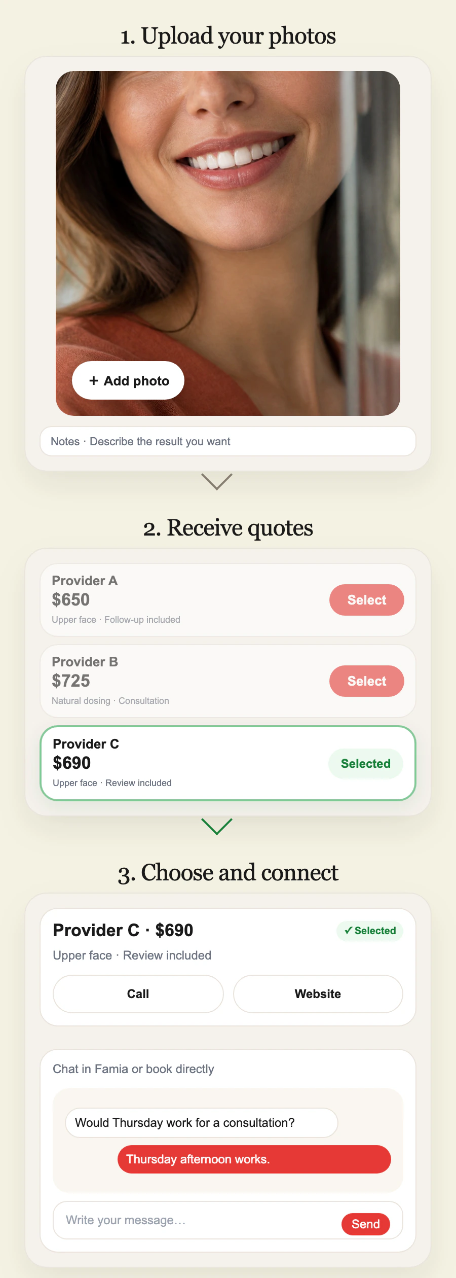 Three steps: select a treatment, compare providers, then chat after choosing a quote